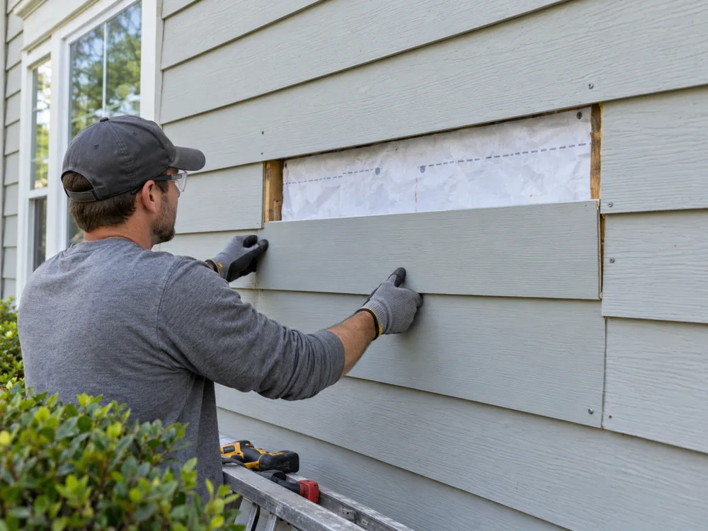 Illustration of a worker repairing horizontal exterior siding